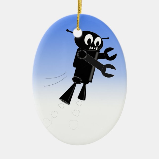 Black Flying Robot Blue Sky Background Ceramic Tree Decoration (Front)