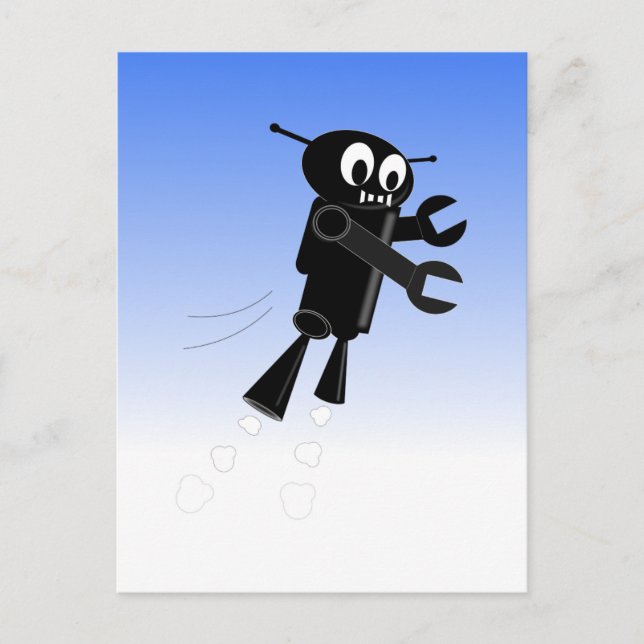 Black Flying Robot Blue Sky Background Postcard (Front)