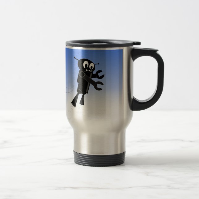 Black Flying Robot Blue Sky Background Travel Mug (Right)