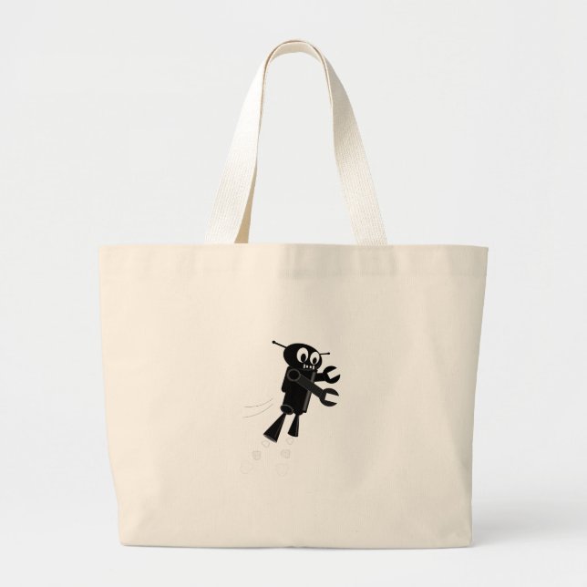 Black Flying Robot Large Tote Bag (Front)