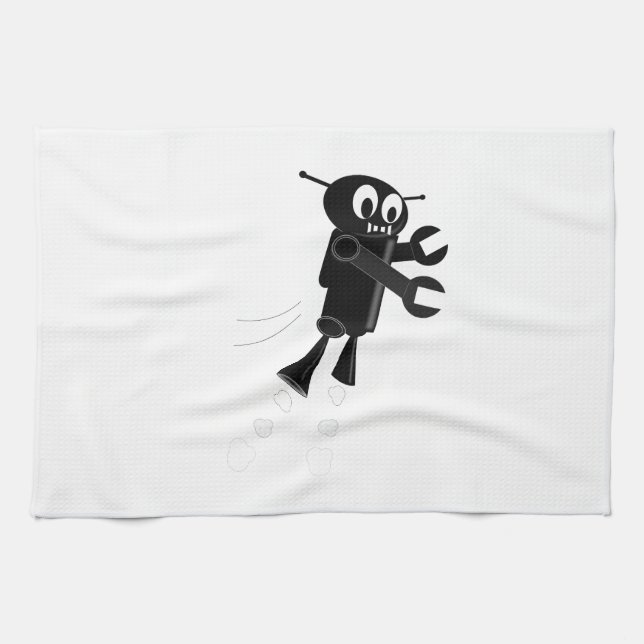 Black Flying Robot Tea Towel (Horizontal)