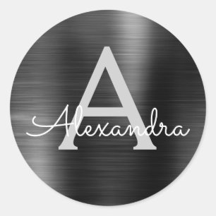 Black Foil Girly Metallic Monogrammed Wedding Classic Round Sticker