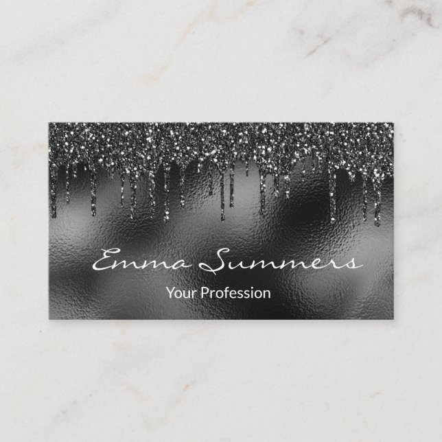 Black Foil Glitter Drips Metal Customise Elegant Business Card (Front)