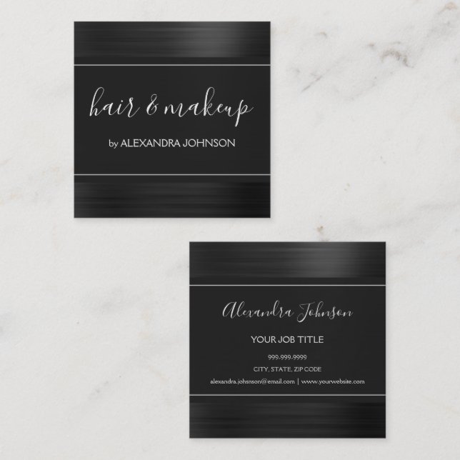 Black Foil Modern Elegant Brushed Metal Square Business Card (Front/Back)