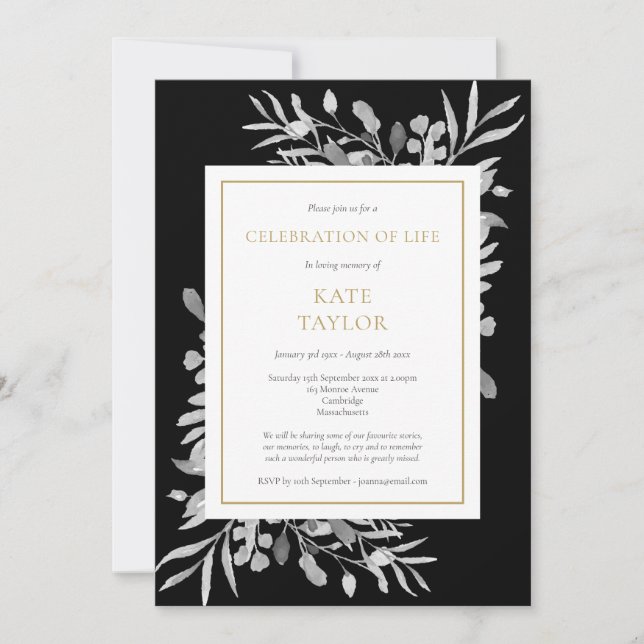 Black Foliage Gold Celebration of Life Photo Invitation (Front)