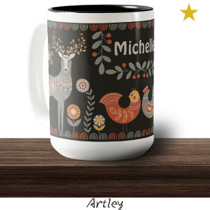 Black Folk Art Animals Custom Name Deer Floral  Two-Tone Coffee Mug