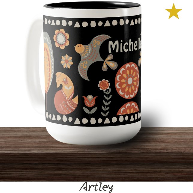 Black Folk Art Animals Wildlife Custom Name  Two-Tone Coffee Mug (Creator Uploaded)