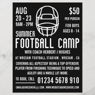 Black Football Helmet, Football Camp Advertising Flyer