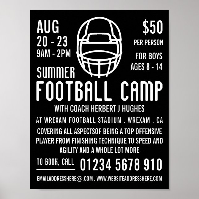 Black Football Helmet, Football Camp Advertising Poster (Front)