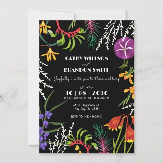 Black foral tropical Nature wedding  Invitation (Front)