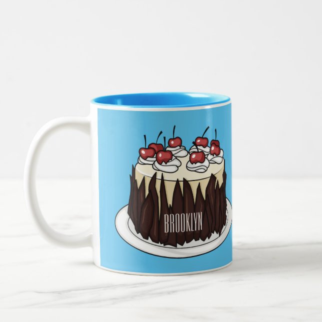 Black Forest cake cartoon illustration Two-Tone Coffee Mug (Left)