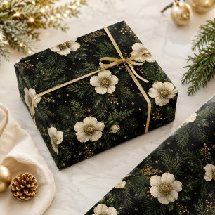Black Forest Green Gold Hellebore Christmas Wrapping Paper
