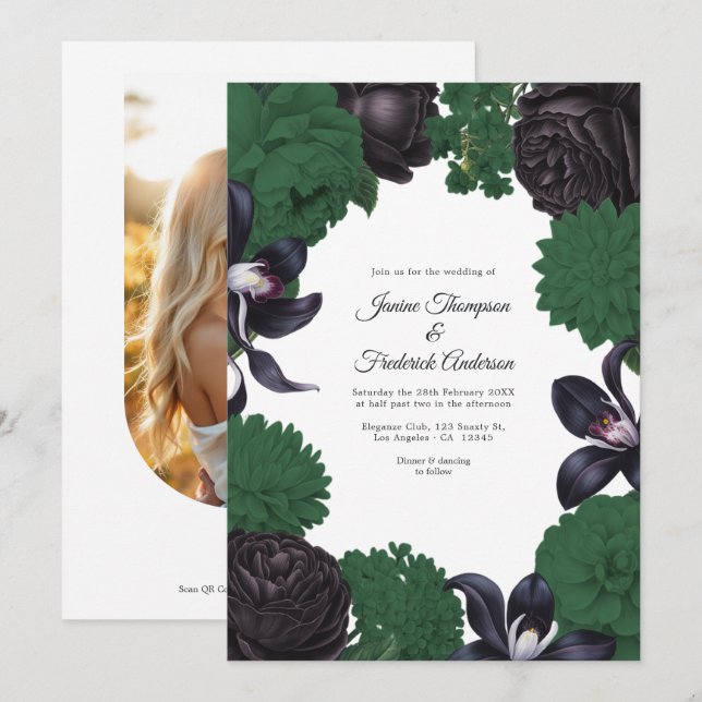 Black & Forest Green Photo/QR Code Floral Wedding Invitation (Front/Back)