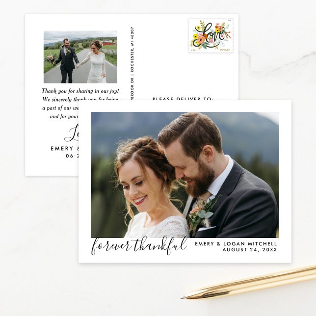 Black Forever Thankful Wedding Photo Thank You Postcard (Creator Uploaded)