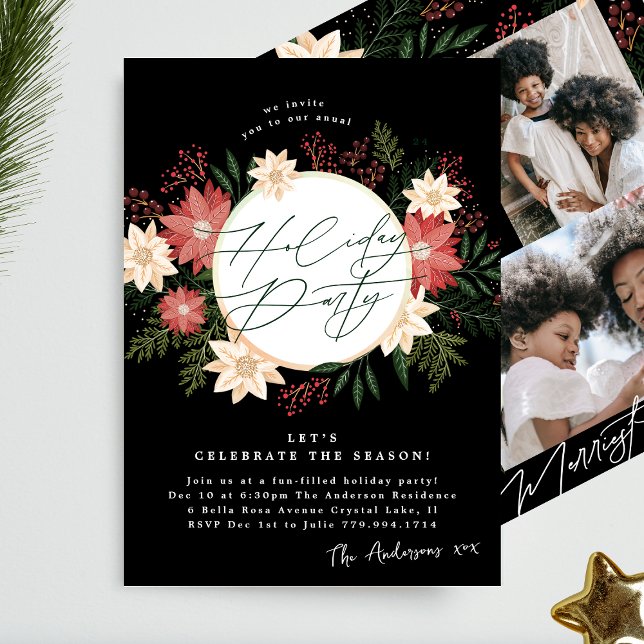 Black Formal Christmas Poinsettia Holiday Party Invitation (Creator Uploaded)