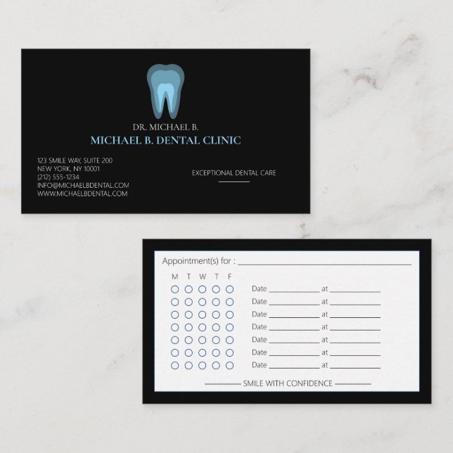 Black Formal Dental Dentist Teeth Appointment Card (Front/Back)