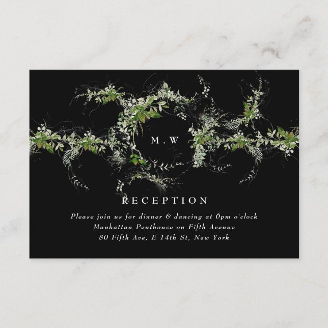 Black Formal Eucalyptus Wreath Monogram Wedding Enclosure Card (Front)