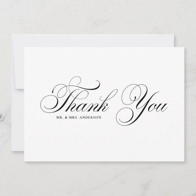 Black Formal Flourish Script Wedding Thank You Card (Front)