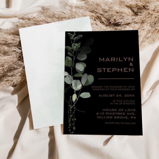 Black Formal Minimal Eucalyptus Wedding  Invitation (Creator Uploaded)
