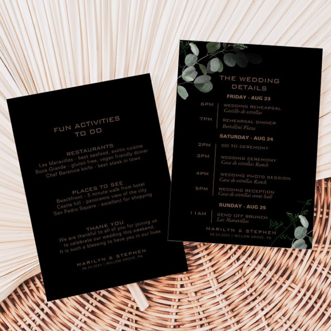 Black Formal Minimal Eucalyptus Wedding Itinerary  Invitation (Creator Uploaded)