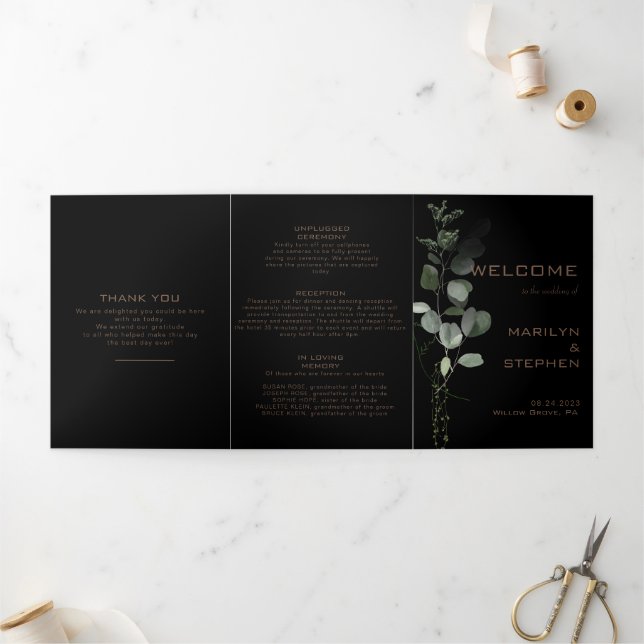 Black Formal Minimal Trifold Wedding Program (Outside)
