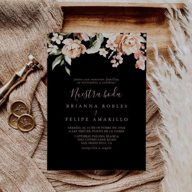 Black Formal Royal Floral Nuestra Boda Wedding Invitation (Creator Uploaded)