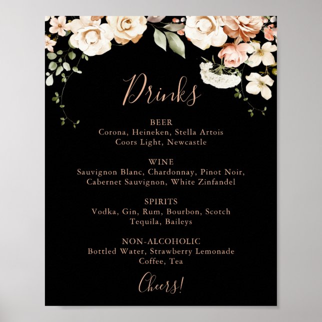 Black Formal Royal Floral Wedding Drinks Menu Sign (Front)