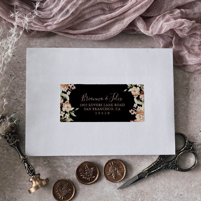 Black Formal Royal Floral Wedding RSVP Address  Label (Creator Uploaded)
