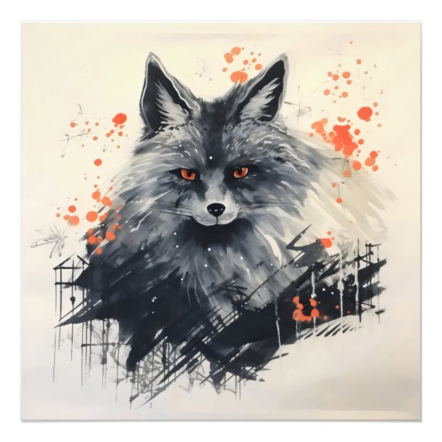Black Fox Ink Painting Photo Print (Front)