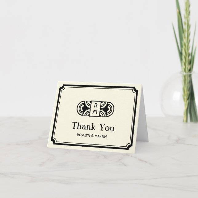 Black frame art deco retro monogram thank you card (Front)