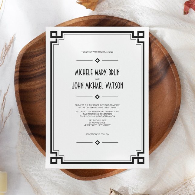 Black Frame Art Deco White Wedding Invitation (Creator Uploaded)