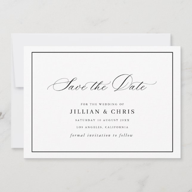 Black frame calligraphy wedding save the date card (Front)