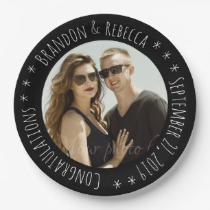 Black Frame Custom Circle Text Photo Wedding Paper Plate