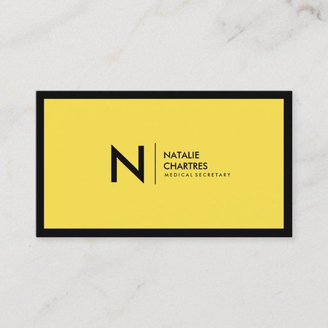 Black Frame Minimalist Monogram Yellow Business Card (Front)