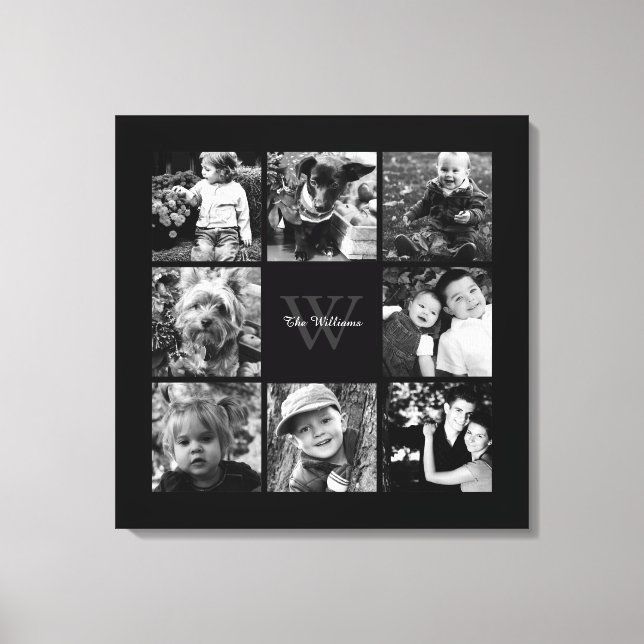 Black Frame Monogrammed Photo Collage Canvas Print (Front)