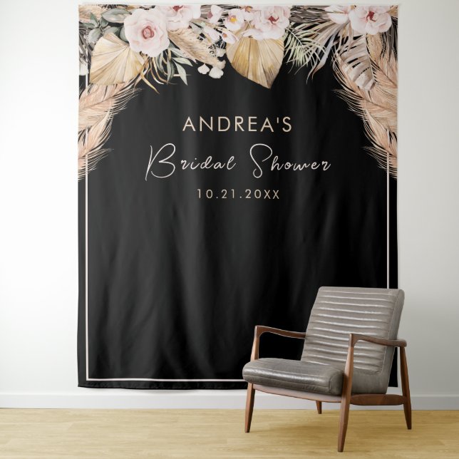 Black Frame Pampas Grass Bridal Shower Backdrop Tapestry (In Situ)