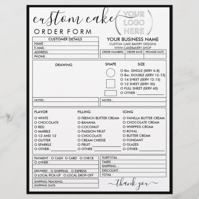 Black Frame Simple Bakery Cake Order Form Flyer (Front)