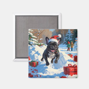 Black French Bulldog Christmas Festive Snow Scene Magnet