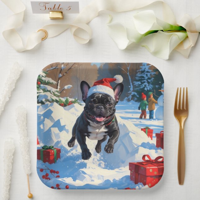 Black French Bulldog Christmas Festive Snow Scene Paper Plate (Wedding)