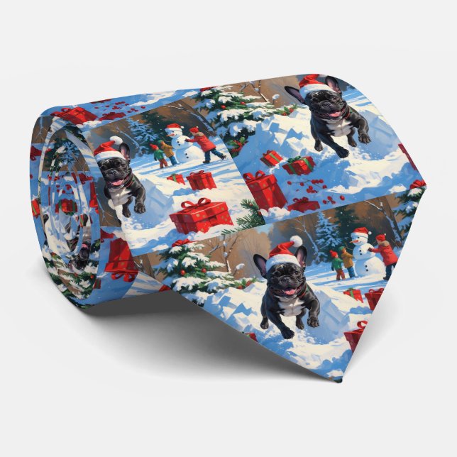 Black French Bulldog Christmas Festive Snow Scene Tie (Rolled)