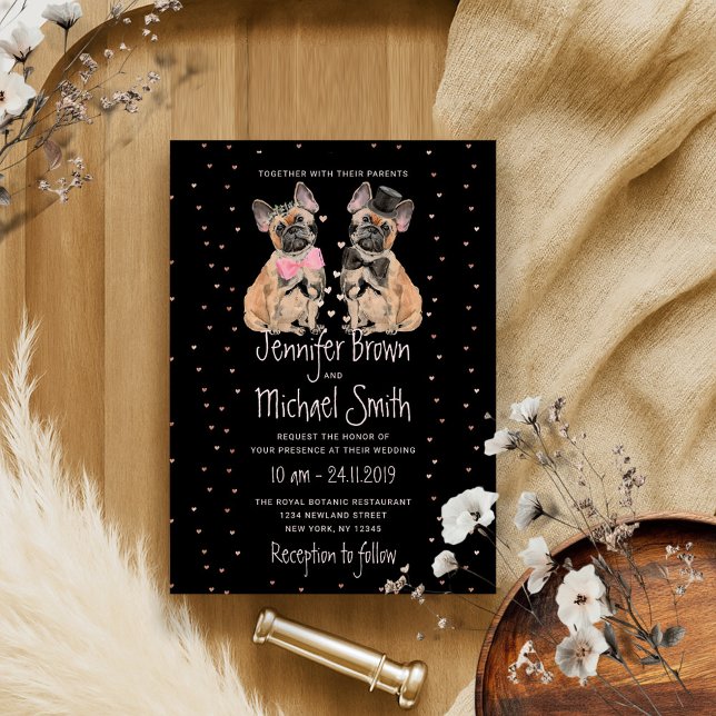 Black French Bulldog couple bride groom wedding Invitation (Creator Uploaded)