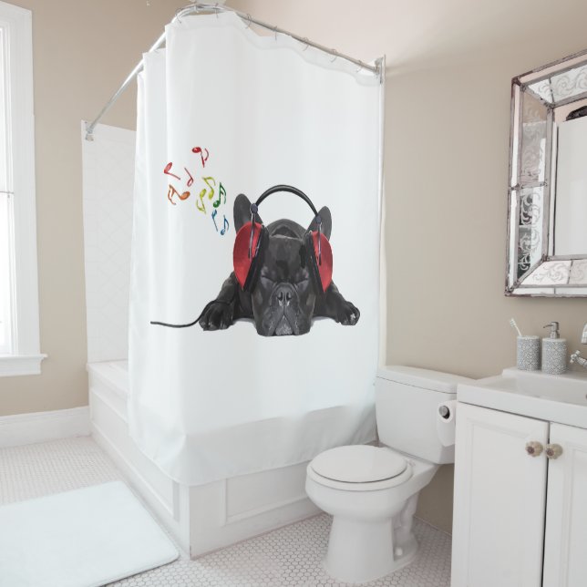 Black French Bulldog Grooving to His Tunes Shower Curtain (In Situ)