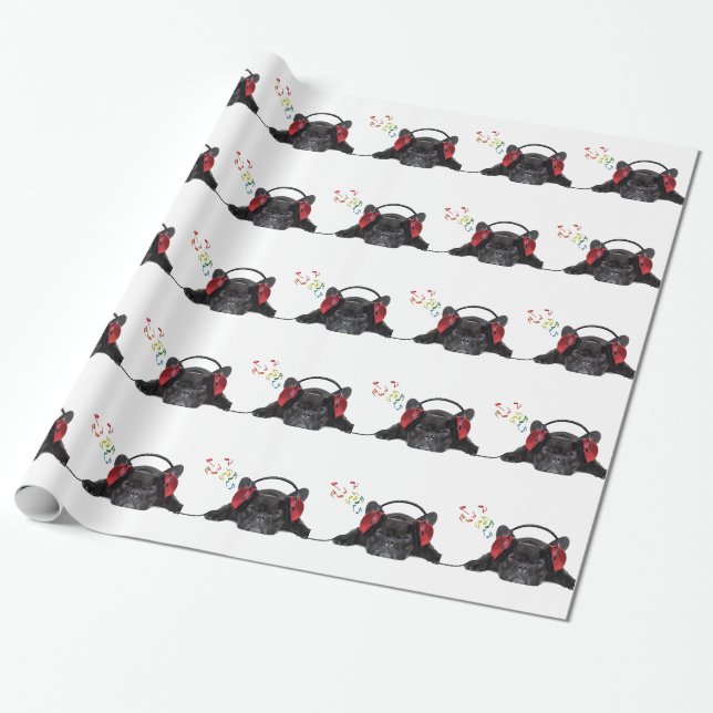 Black French Bulldog Grooving to His Tunes Wrapping Paper (Unrolled)