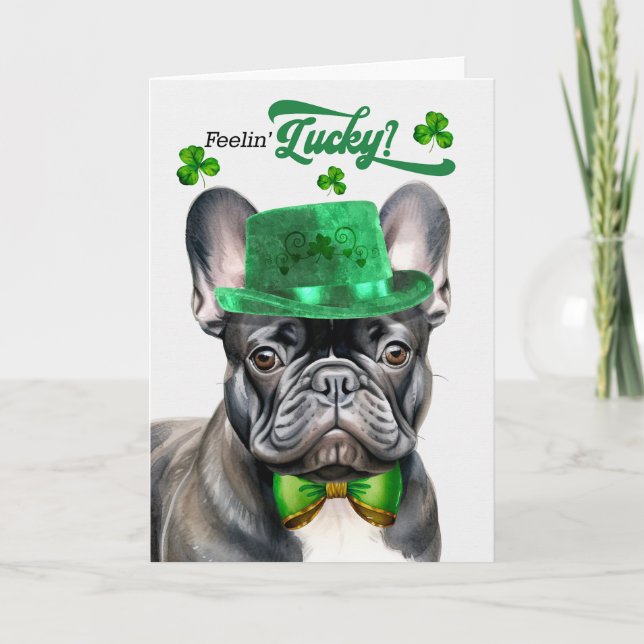Black French Bulldog Lucky St Patrick's Day Holiday Card (Front)