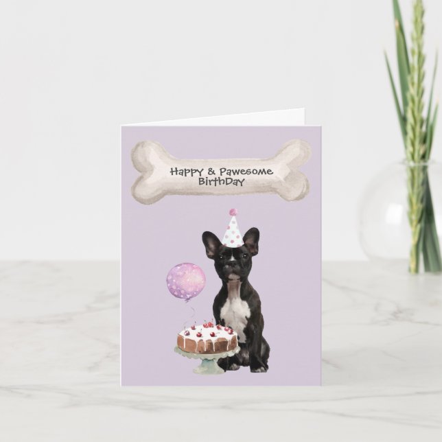 Black French Bulldog sitting birthday cake Holiday Card (Front)