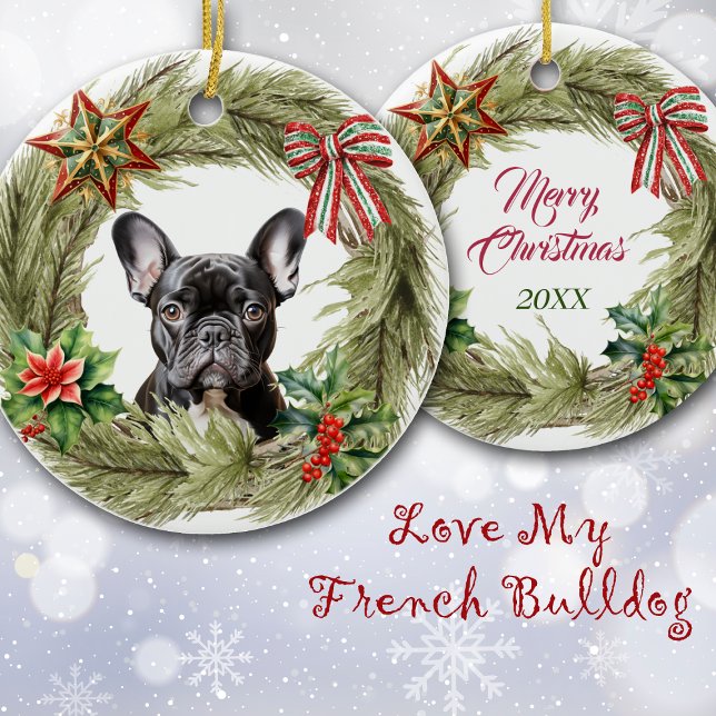 Black French Bulldog Star Bow Wreath Ceramic Tree Decoration (Creator Uploaded)