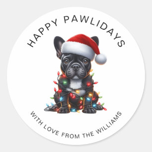 Black French Bulldog Tangled in Christmas Lights Classic Round Sticker