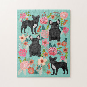 Black French Bulldogs Vintage Florals Jigsaw Puzzle