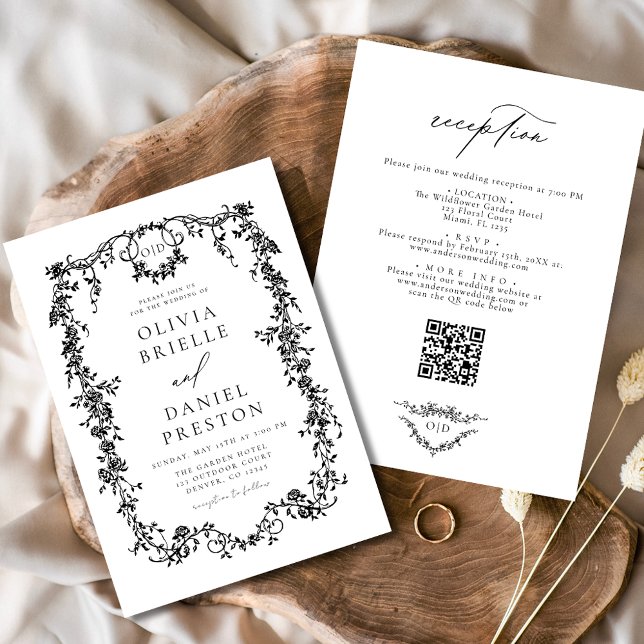 Black French Victorian QR Code All In One Wedding Invitation (Creator Uploaded)