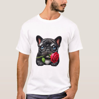 Black Frenchie red rose T-Shirt
